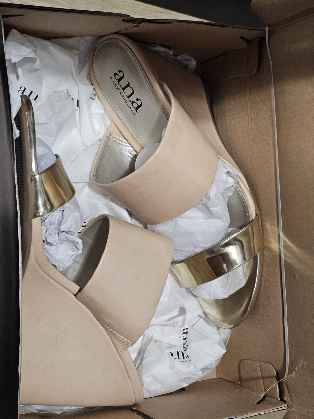 a.n.a Nude and Gold Open-Toe Wedge Sandals
